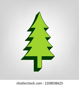 New year tree sign. Vector. Yellow green solid icon with dark green external body at light colored background.