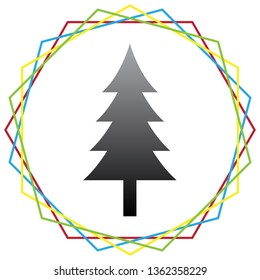 New year tree sign. Vector. Black icon with patch of light inside colorful hexagonal frames at white background.