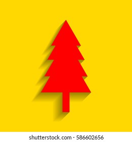 New year tree sign. Vector. Red icon with soft shadow on golden background.