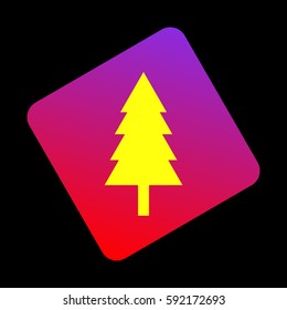 New year tree sign. Vector. Yellow icon at violet-red gradient square with rounded corners rotated for dynamics on black background.