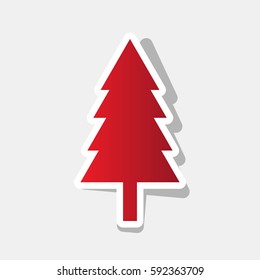 New year tree sign. Vector. New year reddish icon with outside stroke and gray shadow on light gray background.