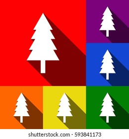 New year tree sign. Vector. Set of icons with flat shadows at red, orange, yellow, green, blue and violet background.