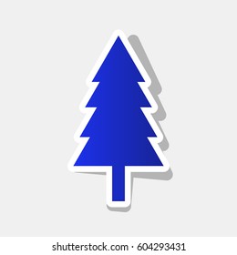 New year tree sign. Vector. New year bluish icon with outside stroke and gray shadow on light gray background.