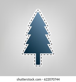 New year tree sign. Vector. Blue icon with outline for cutting out at gray background.