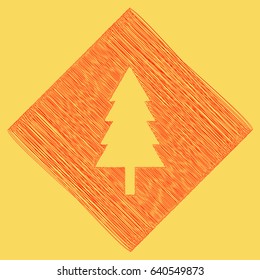 New year tree sign. Vector. Red scribble icon obtained as a result of subtraction rhomb and path. Royal yellow background.