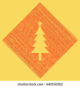 New year tree sign. Vector. Red scribble icon obtained as a result of subtraction rhomb and path. Royal yellow background.