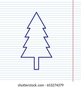 New year tree sign. Vector. Navy line icon on notebook paper as background with red line for field.