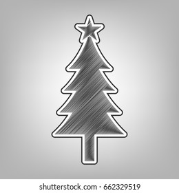 New year tree sign. Vector. Pencil sketch imitation. Dark gray scribble icon with dark gray outer contour at gray background.