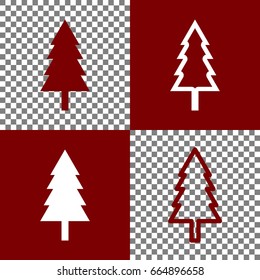 New year tree sign. Vector. Bordo and white icons and line icons on chess board with transparent background.