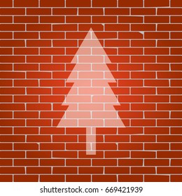 New year tree sign. Vector. Whitish icon on brick wall as background.