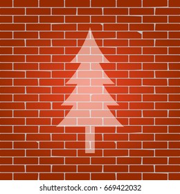 New year tree sign. Vector. Whitish icon on brick wall as background.