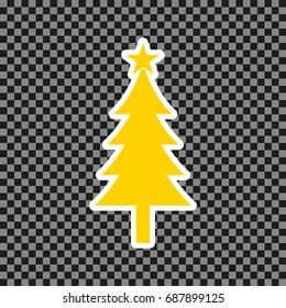New year tree sign. Vector. Yellow icon with white contour on dark transparent background.