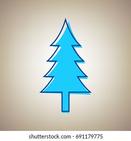 New year tree sign. Vector. Sky blue icon with defected blue contour on beige background.