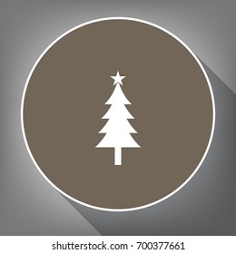 New year tree sign. Vector. White icon on brown circle with white contour and long shadow at gray background. Like top view on postament.