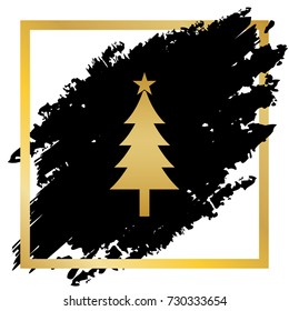 New year tree sign. Vector. Golden icon at black spot inside golden frame on white background.