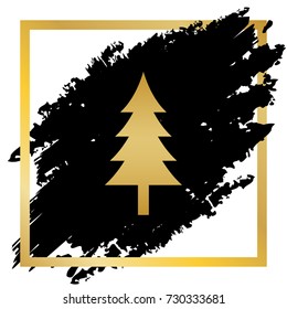 New year tree sign. Vector. Golden icon at black spot inside golden frame on white background.