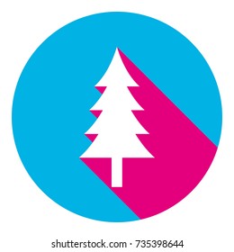 New year tree sign. Vector. Flat white icon with mexican pink shadow inside sky blue(S and G) circle at white background. Isolated. Trend colors in 2017.