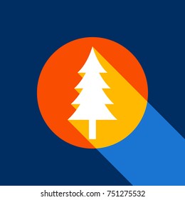 New year tree sign. Vector. White icon on tangelo circle with infinite shadow of light at cool black background. Selective yellow and bright navy blue are produced.