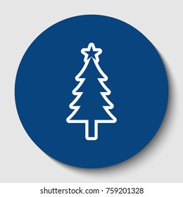 New year tree sign. Vector. White contour icon in dark cerulean circle at white background. Isolated.