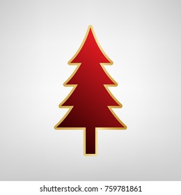 New year tree sign. Vector. Red icon on gold sticker at light gray background.