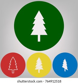 New year tree sign. Vector. 4 white styles of icon at 4 colored circles on light gray background.