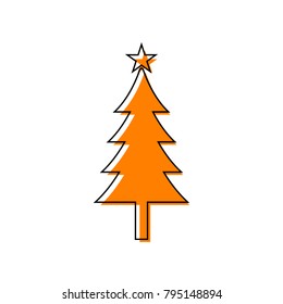 New year tree sign. Vector. Black line icon with shifted flat orange filled icon on white background. Isolated.