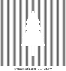 New year tree sign. Vector. White icon on grayish striped background. Optical illusion.