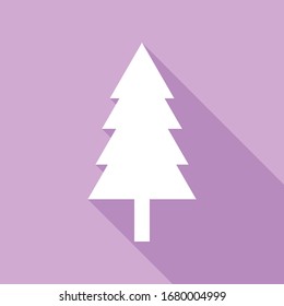 New year tree sign. White Icon with long shadow at purple background. Illustration.