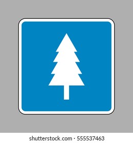 New year tree sign. White icon on blue sign as background.