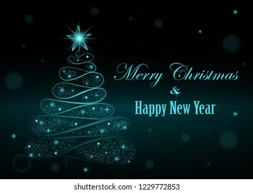 La silueta de árbol de Año Nuevo consiste en puntos de luz y texto Feliz Navidad y Feliz Año Nuevo en un fondo oscuro. Ilustración vectorial.
