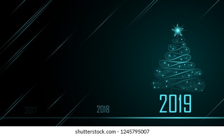 New Year tree silhouette consists of light points. Happy New Year. Dark background. Vector illustration.