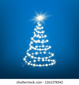 Silueta de árbol de Año Nuevo hecha de luces navideñas sobre fondo azul. Antecedentes de las fiestas de Navidad Mágica. Ilustración del vector