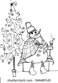 New year Tree and Snowman line art