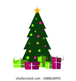 
New Year tree with star and balls. Christmas gifts on a white background. Flat vector. Illustration.