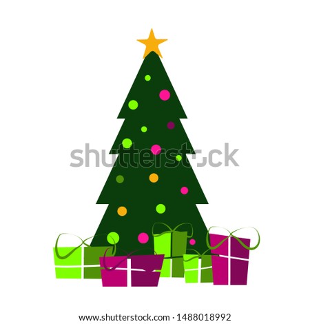 
New Year tree with star and balls. Christmas gifts on a white background. Flat vector. Illustration.