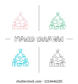 New Year tree with star and gifts hand drawn icons set. Color brush stroke. Decorated Christmas tree with presents. Isolated vector sketchy illustrations