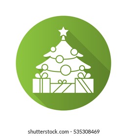 New Year tree with star and gifts. Flat design long shadow icon. Decorated Christmas tree with presents. Vector silhouette symbol