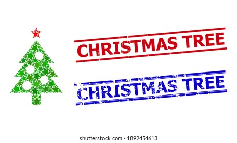 New year tree star pattern and grunge Christmas Tree seal stamps. Red and blue imprints with grunge texture and Christmas Tree caption.