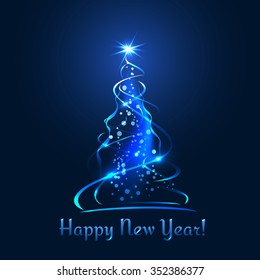 New Year tree. Stars, ribbons, balls and text with glow effect, on blue background. Vector christmas template for website or greeting card.