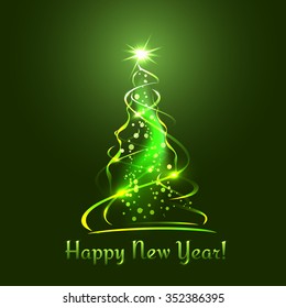 New Year tree. Stars, ribbons, balls and text with glow effect, on green background. Vector christmas template for website or greeting card.