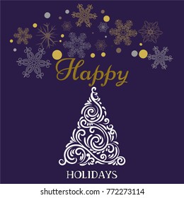 New Year Tree of Swirls: Elegant Classic Design on violet background with a scattering of snowflakes