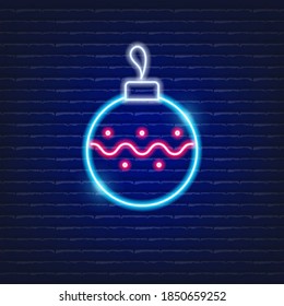New Year tree toy neon sign.  Christmas and New Year concept. Glowing Vector illustration.