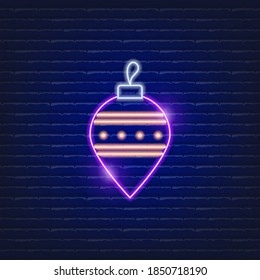 New Year tree toy neon sign.  Christmas and New Year concept. Glowing Vector illustration.
