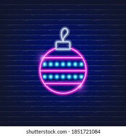 New Year tree toy neon sign.  Christmas and New Year concept. Glowing Vector illustration.