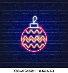 New Year tree toy neon sign.  Christmas and New Year concept. Glowing Vector illustration.