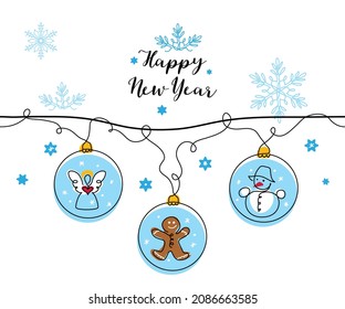 New Year tree toys  decorations  balls in blue color  Vector garland  decorations  One continuous line art drawing  Cute angel  ginger man   snowman 
