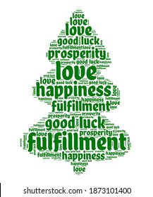 New Year tree with words of congratulations and wishes for Christmas. Words on the tree - good luck, prosperity, happiness, love filled with good luck