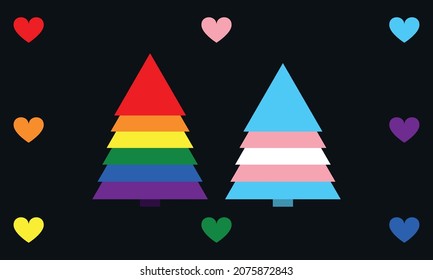 New Year trees in colors of LGBT and transgender flags isolated on black background.