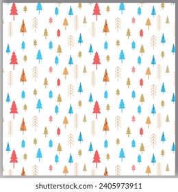 New Year trees hand-drawn vector seamless pattern. black fir trees doodle drawings on a beige background. 
