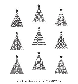 New Year trees set. Abstract vector geometric shapes. Festive decoration for your design.
